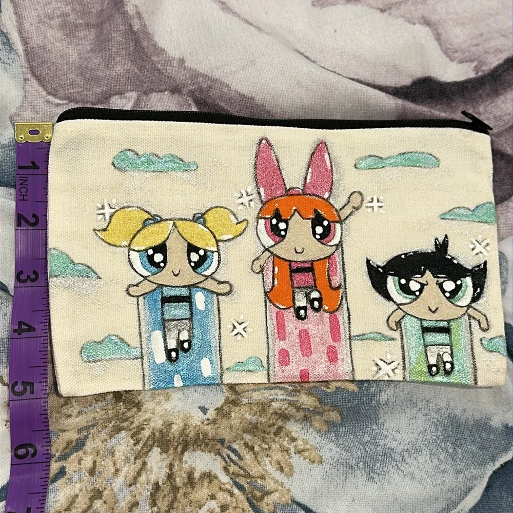 Powerpuff Girls Beauty/Stationary Bag Handmade Acrylic Paints 7 1/2”L x 5”H